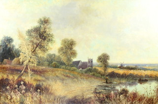 H Cooper, oil on canvas, extensive rural landscape with a figure and distant windmill 60cm x 90cm 