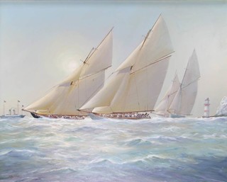 **Michael James Whitehand, oil on canvas, signed, "The Sun Burning Through the Mist as Britannia Leads The Pack Off The Needles" 100cm x 125cm  