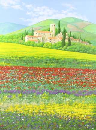 Richard W Orr, acrylic on canvas, a view of an Umbrian village, unframed 61cm x 46cm  