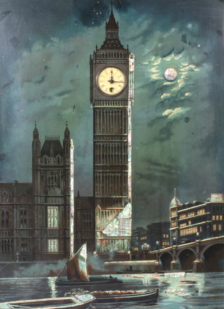 A clock painting of Big Ben at night with mother of pearl inlay 49cm x 36cm 