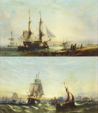 William Callcott Knell (1830-1880) a pair of oils on board, signed, Continental maritime scene with vessels off a harbour arm  and moored vessels with distant buildings 16cm x 18cm   