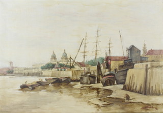 J Wheeler '61, oil on canvas, Thames scene with moored vessels 41cm x 60cm 