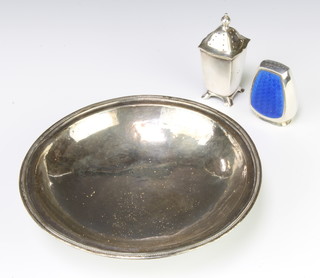 A Danish silver and guilloche enamel pepperette, a silver pepperette and a circular dish 