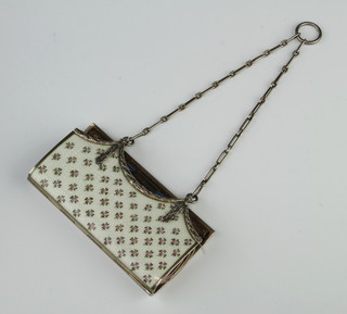 An Edwardian silver and guilloche enamel aide memoire in the shape of a purse 10cm 