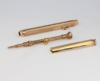 A 9ct yellow gold Mordan & Co propelling pencil, 1 other and a pen knife 