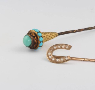 A 9ct yellow gold seed pearl horseshoe tie pin and a turquoise set do. 