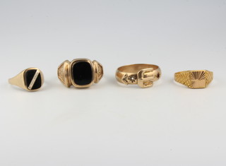 Three 9ct yellow gold gents rings sizes L, R and U and a yellow gold do. size V 