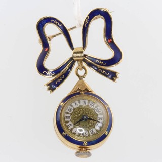 An 18ct yellow gold guilloche enamel watch suspended from a do. ribbon brooch, the watch 18mm 