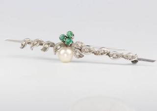 An 18ct yellow gold diamond emerald and pearl bar brooch 73mm x 15mm  