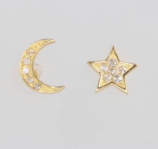 A pair of 18ct yellow gold diamond ear studs - moon and star