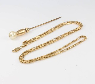 A 14ct yellow gold fancy link necklace 46cm 6 grams and a pearl tie pin 