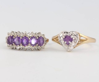 A 9ct yellow gold heart shaped amethyst and diamond ring size N and a 9ct amethyst 5 stone do. size L 