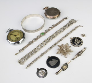 A silver identity bracelet, a quantity of silver jewellery, 2 pocket watches, weighable silver 106 grams 