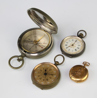 A lady's French 19th Century 2 colour gold fob watch, the case decorated with flowers 26mm, a silver do. and 2 others 
