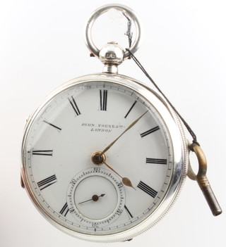 A silver key wind pocket watch with seconds at 6 o'clock, the dial inscribed John Forrest London  