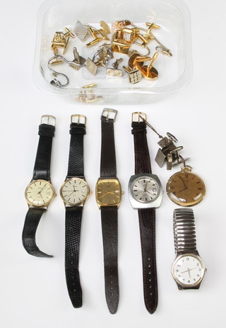 A gentleman's gilt cased Sekonda dress pocket watch, 5 wristwatches and a quantity of cuff links