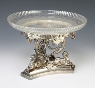 A Victorian Elkin silver plated bowl and stand with mythical beasts and masks with cut glass bowl 20cm 