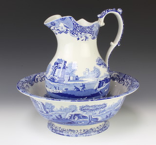A Spode Italian wash jug and bowl set together with a pair of matching baluster candlesticks 22cm 
