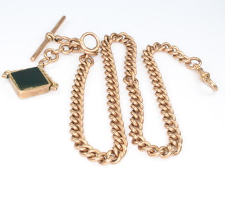 A 9ct yellow gold Albert with T bar and clasp and swivel seal, 48cm, 48.2 grams