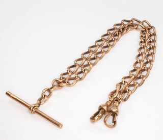 A 9ct yellow gold Albert with T bar and 2 claps, 40cm, 33 grams Maker S Bros