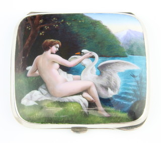 A Continental silver and later enamelled cigarette case depicting Leda and the swan 9cm x 8cm 
