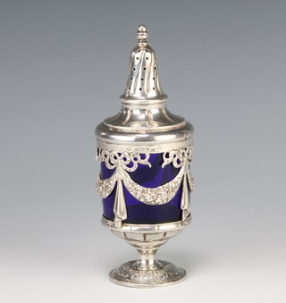A 925 standard cast silver shaker with blue glass liner 92 grams, 14cm 