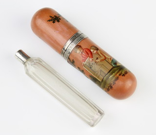 A Continental glass and silver mounted scent bottle in a painted wooden case 
