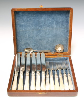 A set of 6 silver plated and mother of pearl dessert eaters, a silver teaspoon and miniature box 