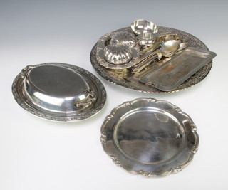 A circular pierced plated tray 38cm and minor plated items