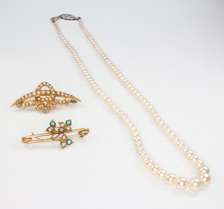 A graduated string of cultured pearls with a diamond set platinum clasp and 2 gold seed pearl bar brooches
