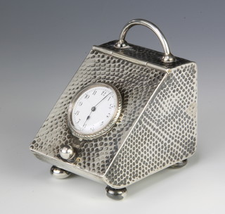 A Victorian novelty silver timepiece box in the form of a coal scuttle with hammer pattern decoration, raised on ball feet, Birmingham 1898 Maker Douglas Clock Co  72mm 