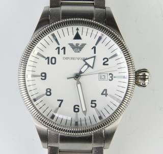 A gentleman's steel cased Emporio Armani wristwatch on a steel bracelet, boxed 