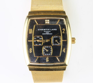 A gentleman's gilt cased Christin Lars diamond set wristwatch with 3 subsidiary dials, boxed 