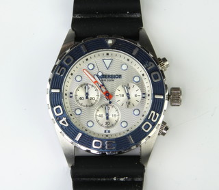 A gentleman's steel case Immersion wristwatch with 3 subsidiary dials on a black rubber strap, boxed 