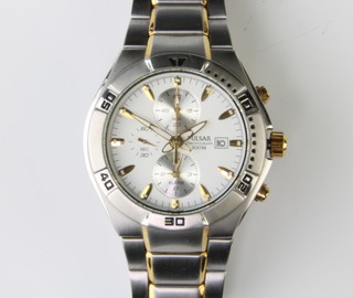 A gentleman's steel cased Pulsar chronograph wristwatch with 3 subsidiary and a calendar dial on a steel bracelet, boxed 
