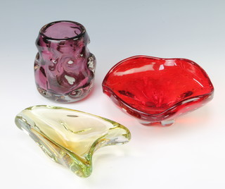 A Studio glass yellow dish 20cm, a purple vase 13cm and a red glass dish 21cm 