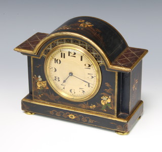 Buren, a 1930's bedroom timepiece with gilt dial and Arabic numerals contained in an arched black lacquered chinoiserie style case 