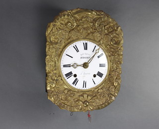 An 18th/19th Century French Comtoise clock, the 23cm enamelled dial marked Qualite Superieure Bergeret A Gazeres contained in an embossed brass case with grid iron pendulum 