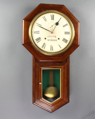 A 19th Century drop dial wall clock, the 25cm circular dial with subsidiary second hand and Roman numerals, marked Cetta Stroud contained in a mahogany case and fitted with a battery operated quartz movement 