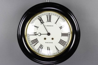 A Continental striking wall clock the 32cm glass dial with Roman numerals marked F Friedrich Worcester, contained in an ebonised and brass mounted case 