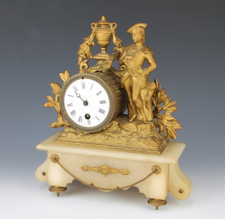 A 19th Century French timepiece with enamelled dial and Roman numerals contained in a gilt painted spelter and alabaster case 