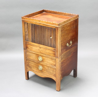 A Georgian mahogany tray top commode the upper section enclosed by a tambour shutter, the base fitted 2 long drawers with brass drop handles to the side 90cm h x 57cm w x 48cm d 