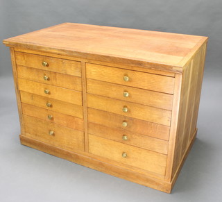 An early 20th Century rectangular oak shop fitting, fitted 12 shallow drawers with brass handles raised on a platform base 84cm w x 125cm w x 76cm d
