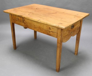 A 19th Century rectangular farmhouse style pine table, the top formed of 4 planks, fitted 1 long and  1 short frieze drawer, raised on square tapered supports 76cm h x 120cm l x 78cm w 