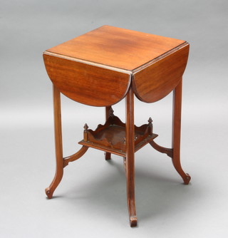 An Edwardian square drop flap mahogany occasional table fitted 4 flaps which when up form a cruciform, raised on square tapered supports with square undertier 68cm h x 42cm  x 42 cm when closed, when open 77cm x 77cm 