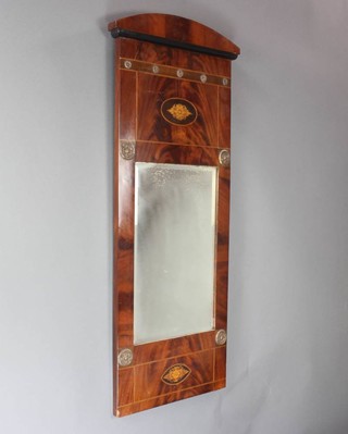 A 19th Century biedermeier rectangular plate pier mirror contained in an arched inlaid mahogany frame with gilt rounded embellishment 120cm x 51cm 