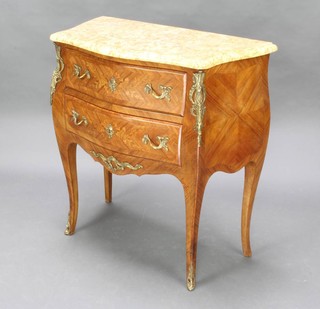 A Kingwood commode of serpentine outline with pink veined marble top, fitted 2 long drawers and with gilt metal mounts, raised on cabriole supports 84cm h x 80cm w x 41cm d 
