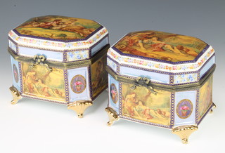 A pair of modern Sevres style octagonal caskets with fete gallant views and gilt metal mounts 13cm 
