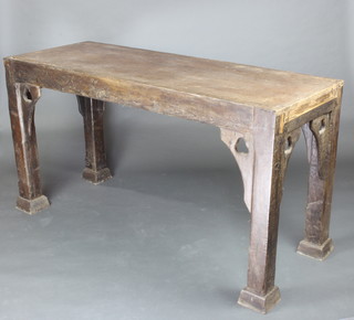 A rectangular carved oak altar table raised on square supports 193cm h x 175cm w x 66cm d 