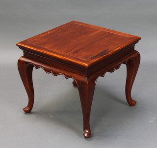 A square Chinese Padauk occasional table raised on cabriole supports with shaped apron 40cm h x 46cm w x 46cm d
